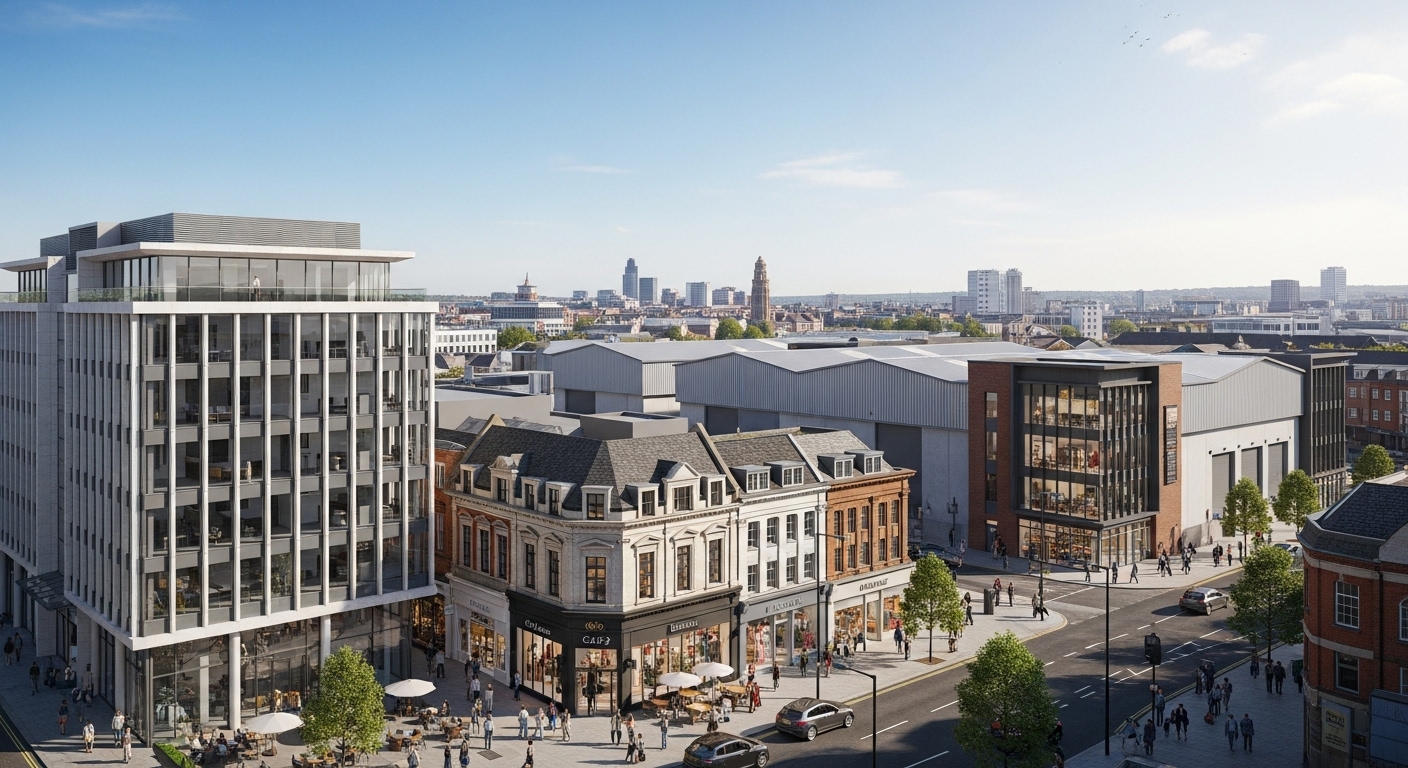 A wide-angle, photorealistic shot showing a diverse range of modern commercial properties in a bustling English city, including a sleek office building, a vibrant high-street retail unit, and a contemporary industrial warehouse in the background under a clear sky. The image should convey growth and investment opportunities.