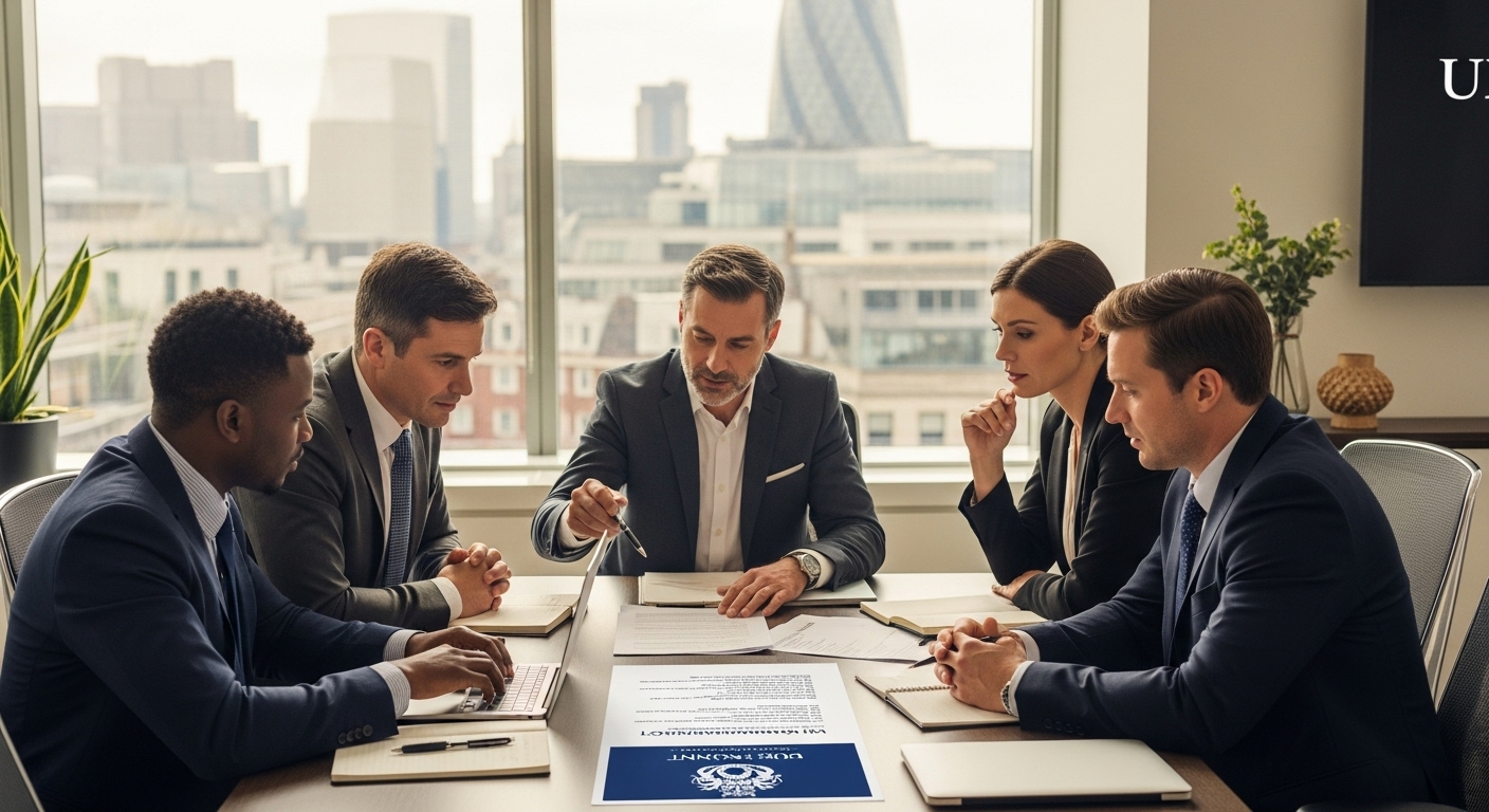 A diverse group of business professionals, including expats, discussing legal documents around a modern conference table in a bright, professional office setting in London. One person points to a UK legal document while others listen attentively, symbolizing legal consultation for expat business owners.