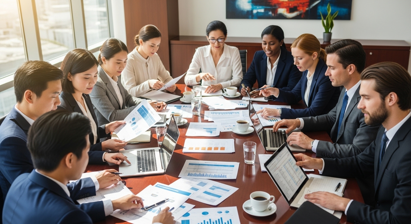 A diverse group of business professionals from different cultural backgrounds are seated around a large conference table, reviewing financial documents and discussing strategies. There are laptops, tablets, and coffee cups on the table. The atmosphere is collaborative and serious, reflecting a complex cross-border business acquisition. The setting is a modern, sunlit office.