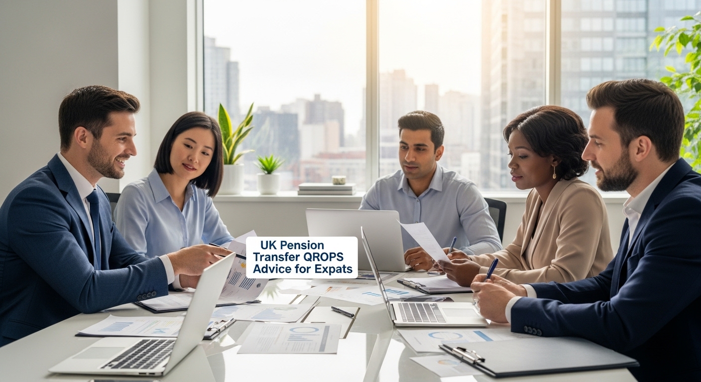 A diverse group of expat professionals from various countries reviewing financial documents and talking with a financial advisor in a modern, sunlit office. The scene conveys trust, professionalism, and global financial planning, focusing on UK pension transfer QROPS advice for expats.
