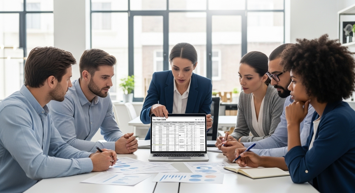 A professional, diverse group of people discussing financial documents and a laptop, with a focus on a spreadsheet showing tax figures. The setting is a modern office, bright and clean, emphasizing careful planning and collaboration. The people are dressed in business casual attire, serious but approachable expressions.