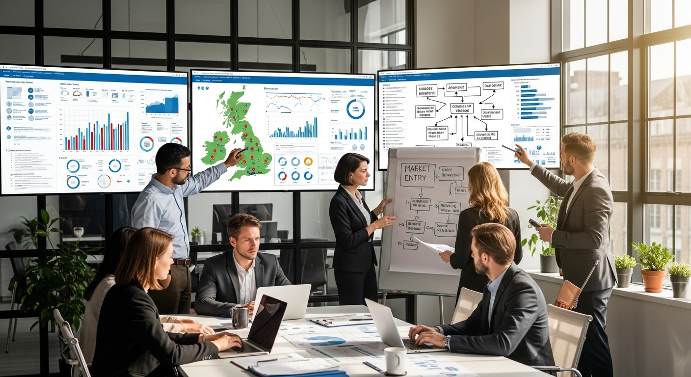 A professional, diverse team of business consultants in a modern, sunlit office, actively collaborating and analyzing detailed UK market entry strategies on multiple digital screens and whiteboards. They are focused and engaged, pointing to key data points, with a sophisticated and confident atmosphere. The scene emphasizes strategic planning and market analysis.