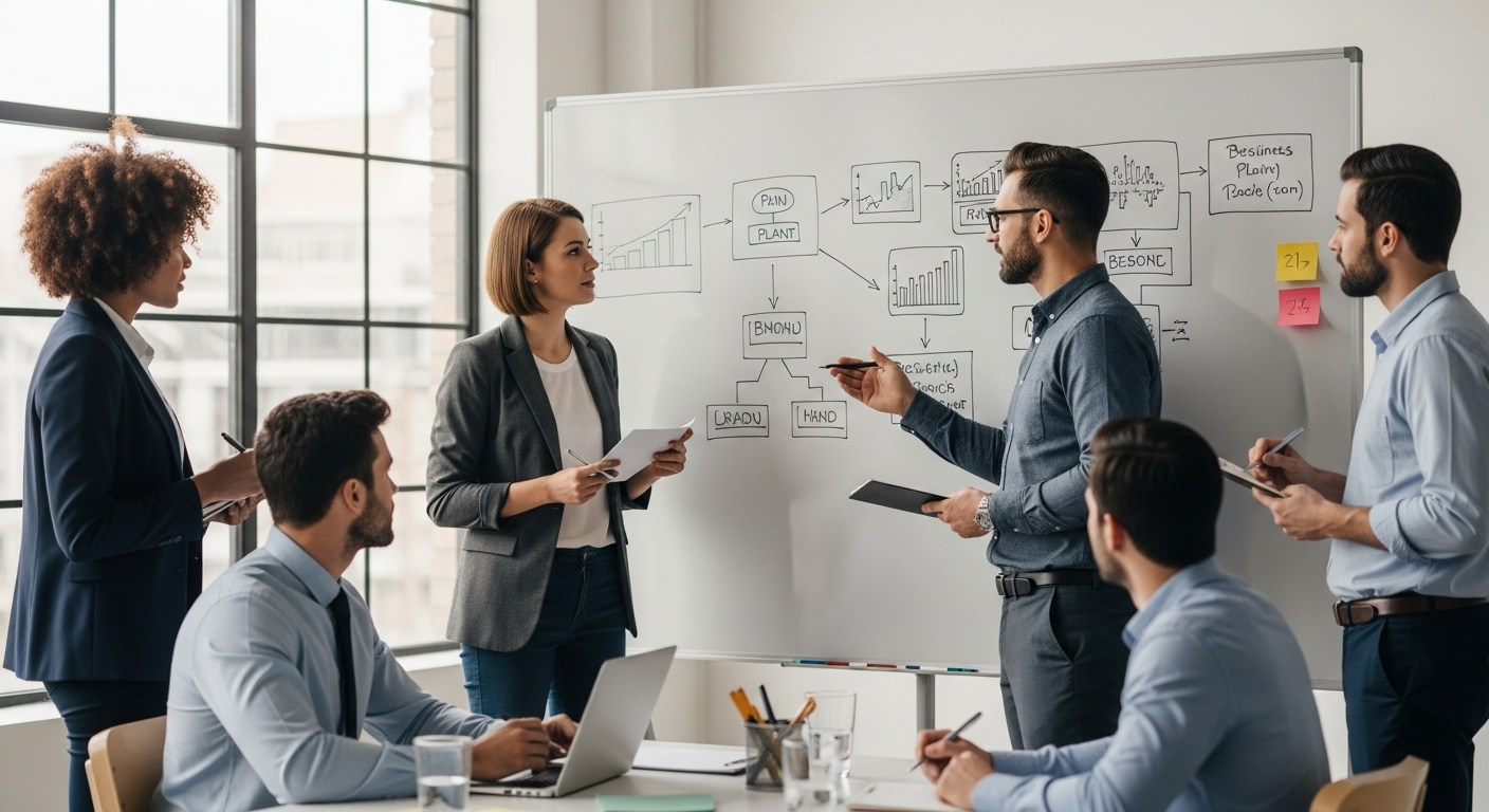 A professional, diverse group of entrepreneurs in a modern, light-filled office space, engaged in a collaborative brainstorming session around a large whiteboard with business plans and flowcharts. One person is presenting an idea, while others listen attentively and take notes, conveying a sense of innovation and strategic planning. The setting is clean and contemporary, with natural light streaming in.
