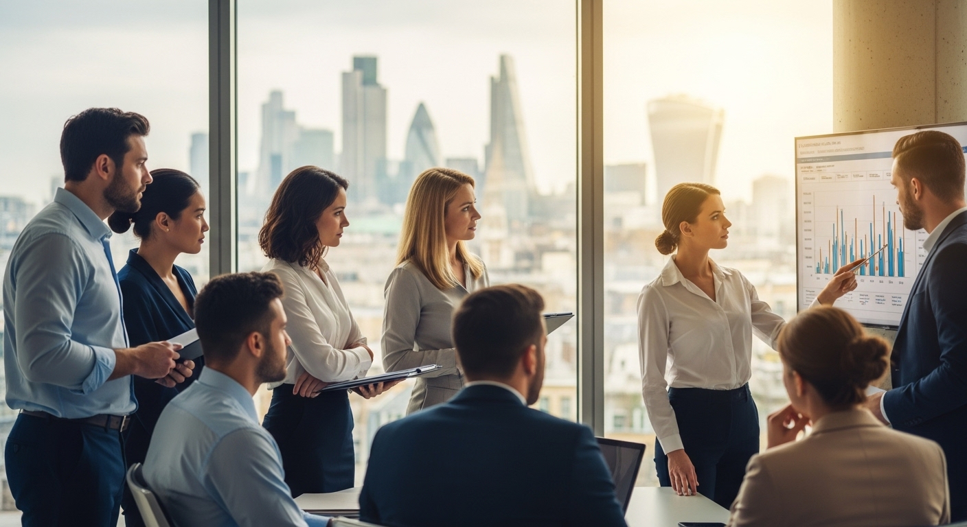A professional, diverse group of expats in a modern, light-filled office, looking intently at a financial advisor who is pointing at a detailed property market graph on a large screen. The cityscape of London is visible through a large window in the background. The atmosphere is collaborative and serious, with warm, inviting lighting. The image should be photorealistic and high-resolution.