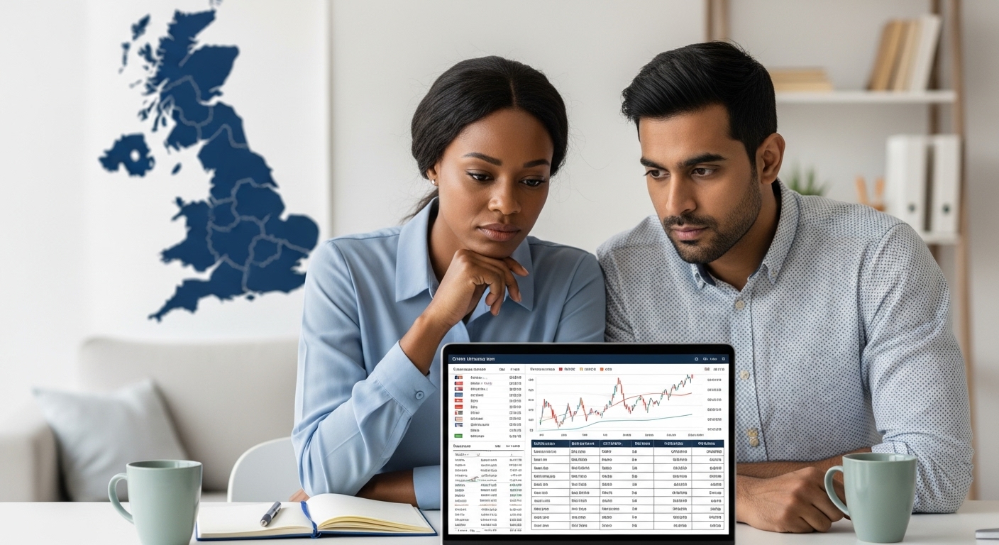 A professional, diverse expat family couple sitting at a modern desk, looking thoughtfully at a laptop screen displaying currency exchange rates and financial figures, with a UK map faintly in the background, conveying financial planning for education.