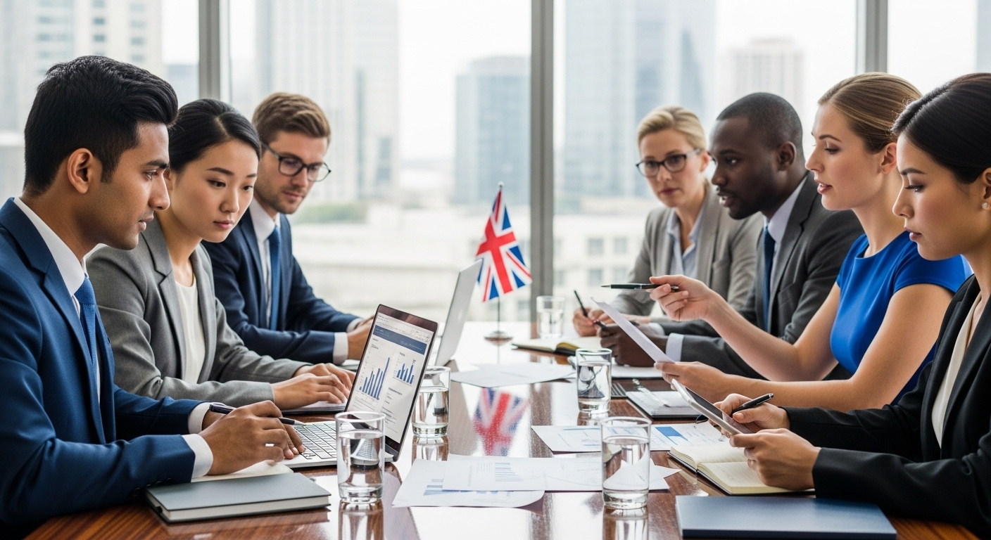 A professional, diverse group of business people from various nationalities sitting around a modern conference table, looking at documents and a laptop, with a UK flag subtly in the background. The atmosphere is collaborative and focused, symbolizing international business and the complexities of banking. Photorealistic, high-resolution.