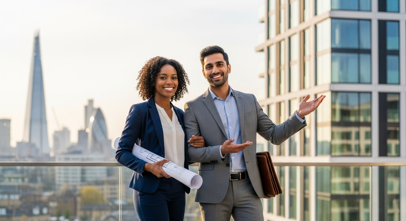 A diverse, professional executive couple smiling confidently as they look at a modern, high-rise apartment building in London, with a blurred cityscape in the background. They are holding documents and appear to have just found their new home, symbolizing successful executive relocation services London.