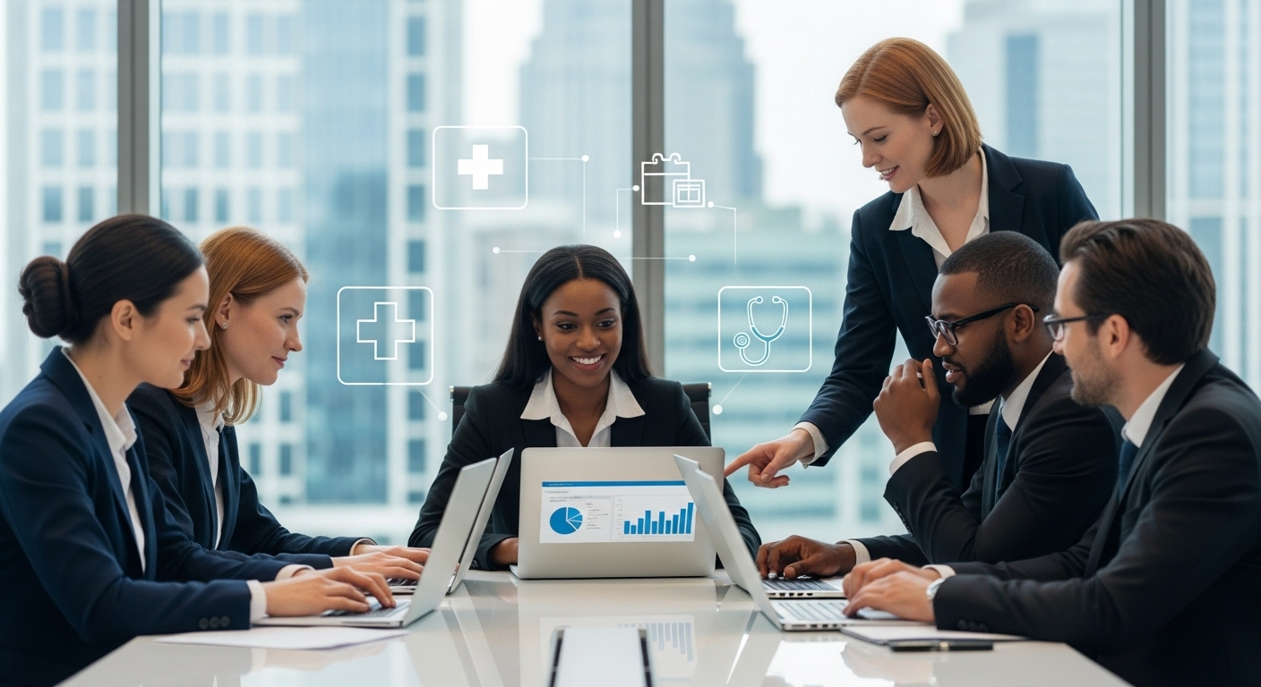 A diverse group of business professionals from the UK in a modern international office setting, confidently working on laptops, with subtle medical symbols like a cross or stethoscope faintly visible in the background, symbolizing health security abroad. The image should be photorealistic, professional, and convey a sense of global business operations.