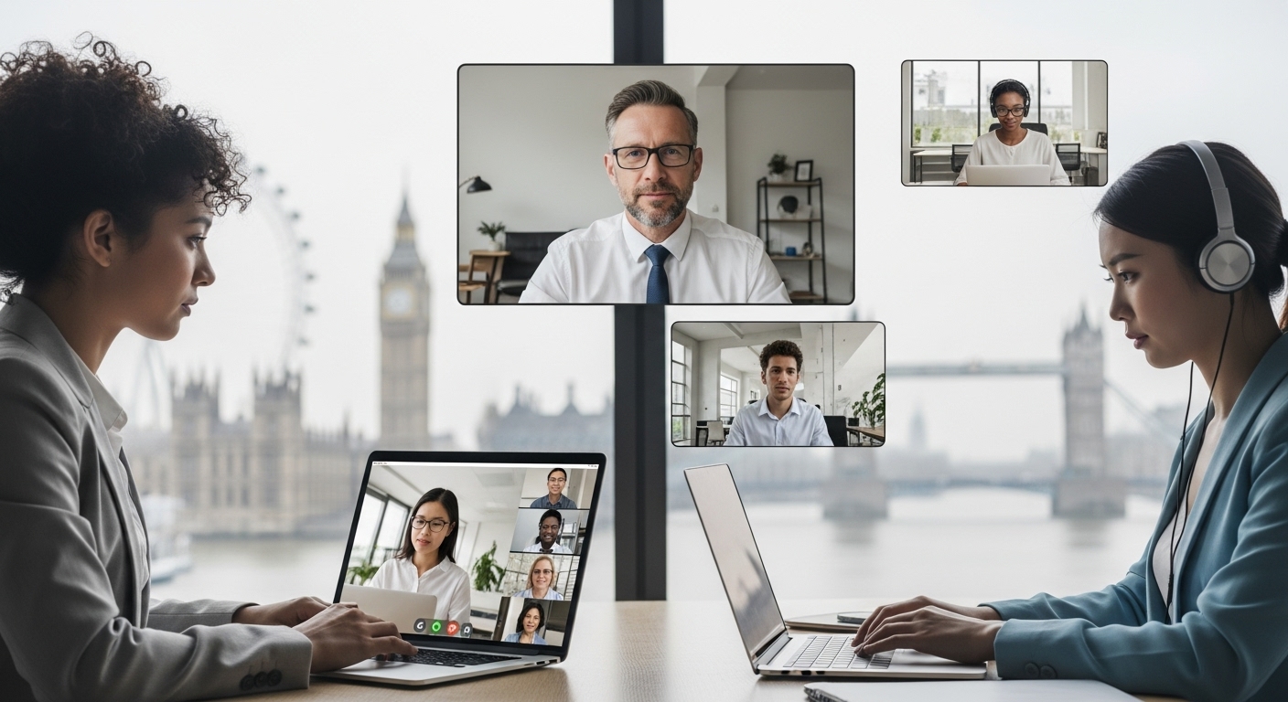 A diverse group of international business professionals, some working remotely on laptops with UK landmarks in the background (e.g., London Eye, Big Ben subtly visible), engaging in a video conference call. The scene should convey global connectivity and professional business setup. Photorealistic style, natural lighting.