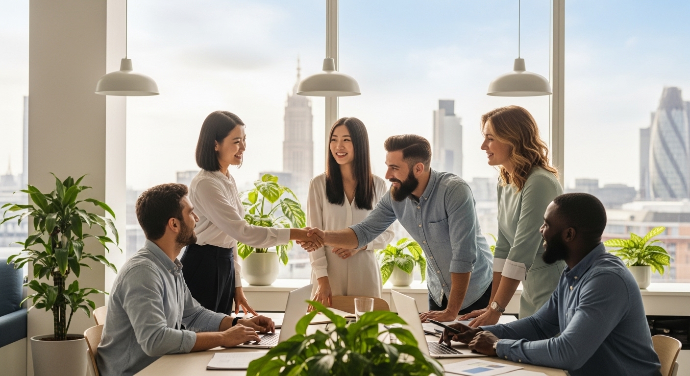 A diverse group of expat entrepreneurs shaking hands and collaborating in a modern, sunlit UK office space, with city skyline visible through large windows, depicting innovation and partnership. The scene should convey success and forward-thinking business in the UK.